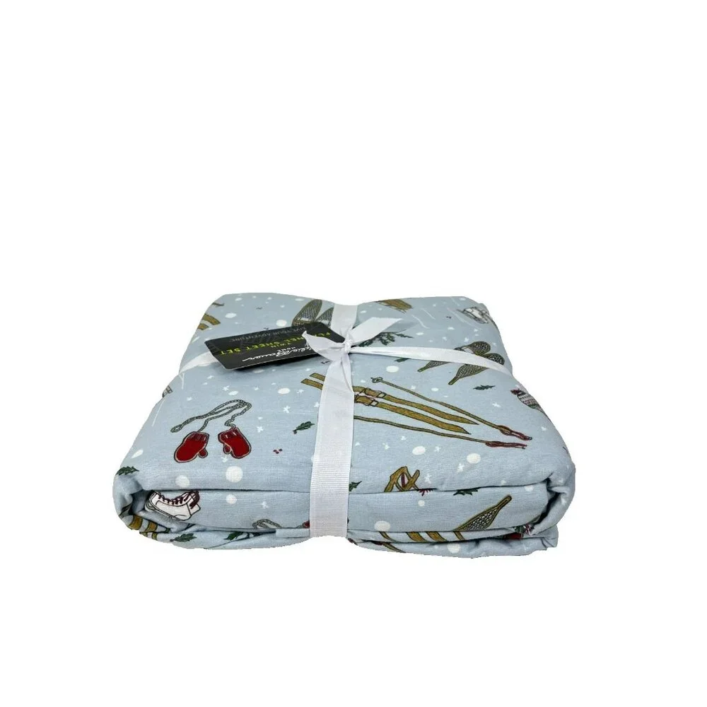 Eddie Bauer Twin Flannel Sheet Set Winter Snow Day Print Blue